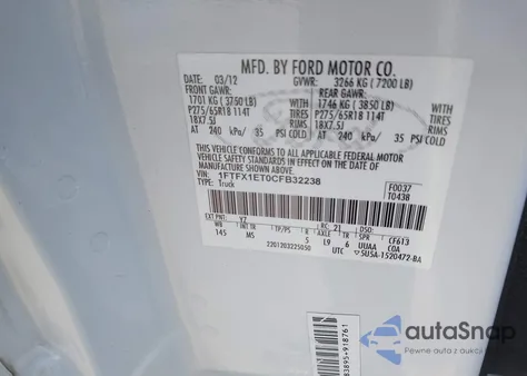 2012 Ford F-150 Xlt из США, поврежденный, VIN 1FTFX1ET0CFB32238